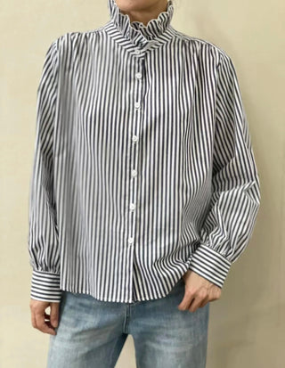 Firle Stripe Blouse with High Scalloped Collar - Blue, Red