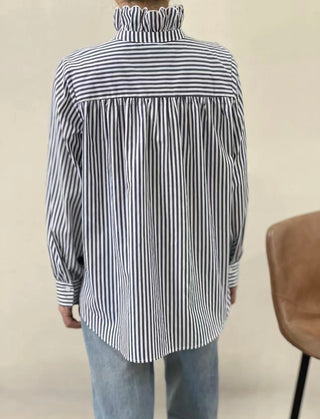 Firle Stripe Blouse with High Scalloped Collar - Blue, Red
