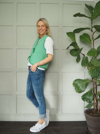 Alaina Reversible Striped Cotton Gilet with Front Tie Fastening &amp; Pockets, by Frnch - Green/White Stripes &amp; Pink/White Stripes