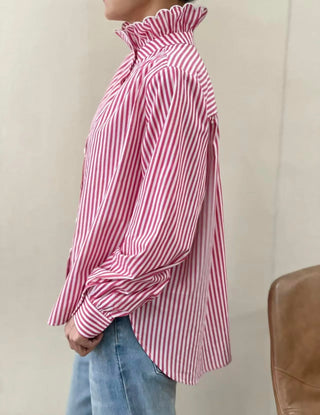 Firle Stripe Blouse with High Scalloped Collar - Blue, Red