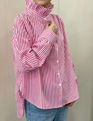 Firle Stripe Blouse with High Scalloped Collar - Blue, Red