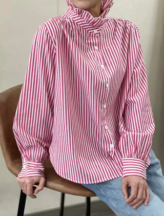 Firle Stripe Blouse with High Scalloped Collar - Blue, Red