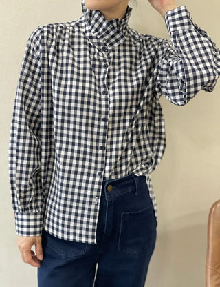 Silvie Blouse with High Pleated Collar - Navy Check