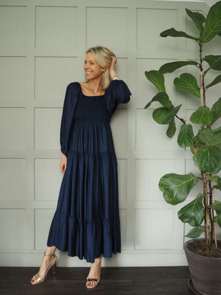 Ru Silk Mix Maxi Dress with Ruched Bodice - Khaki, Navy Blue