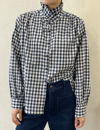 Silvie Blouse with High Pleated Collar - Navy Check