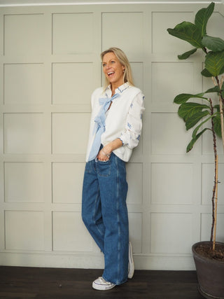 Zara Super Soft Sleeveless Cardigan with Gingham Ties - Baby Blue, Off White