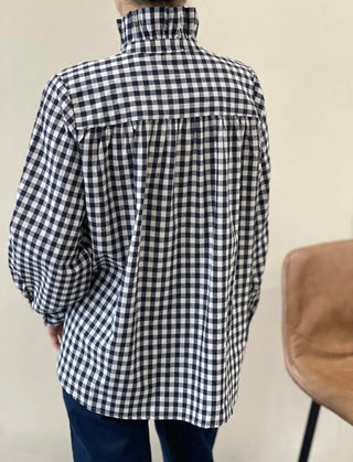 Silvie Blouse with High Pleated Collar - Navy Check
