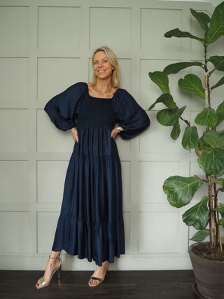 Ru Silk Mix Maxi Dress with Ruched Bodice - Khaki, Navy Blue