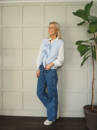 Zara Super Soft Sleeveless Cardigan with Gingham Ties - Baby Blue, Off White