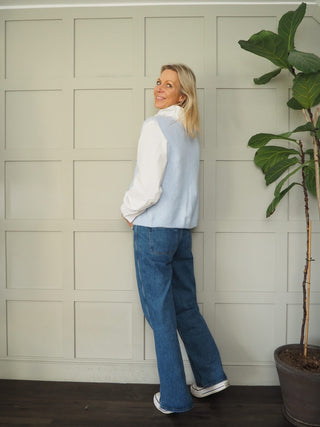 Zara Super Soft Sleeveless Cardigan with Gingham Ties - Baby Blue, Off White