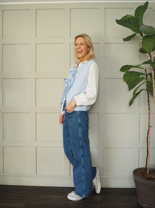 Zara Super Soft Sleeveless Cardigan with Gingham Ties - Baby Blue, Off White