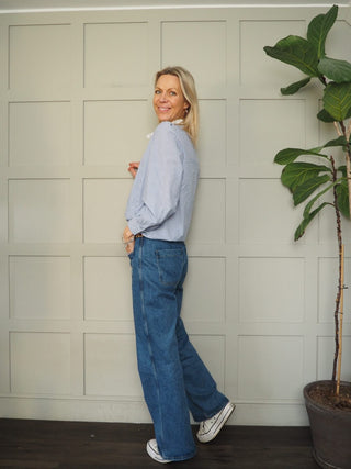 Louise Stripe Blouse with Lace Collar - Blue/White