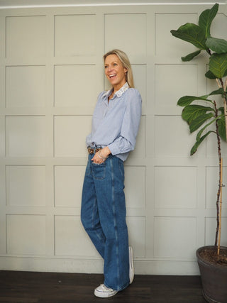 Louise Stripe Blouse with Lace Collar - Blue/White