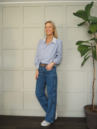 Louise Stripe Blouse with Lace Collar - Blue/White