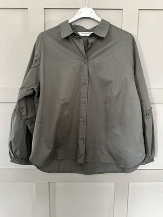 Jeovana Long Sleeve, Cotton Blouse with Collar &amp; Cut out Detail on Sleeve by Moss Copenhagen - Black and Khaki