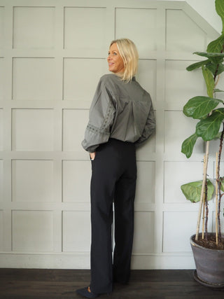 Jeovana Long Sleeve, Cotton Blouse with Collar &amp; Cut out Detail on Sleeve by Moss Copenhagen - Black and Khaki