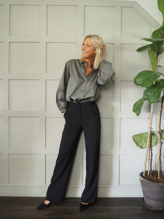 Jeovana Long Sleeve, Cotton Blouse with Collar &amp; Cut out Detail on Sleeve by Moss Copenhagen - Black and Khaki