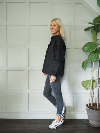 Jeovana Long Sleeve, Cotton Blouse with Collar &amp; Cut out Detail on Sleeve by Moss Copenhagen - Black and Khaki
