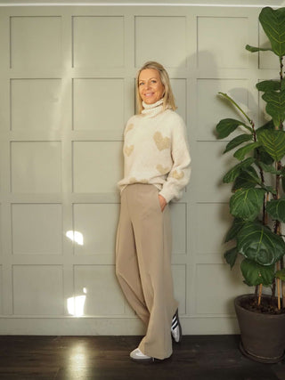 Jammi Gold Heart Polo Neck Jumper - Camel and Oatmeal