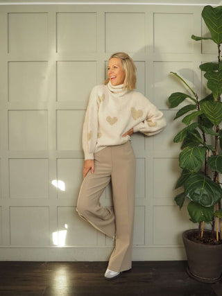 Jammi Gold Heart Polo Neck Jumper - Camel and Oatmeal
