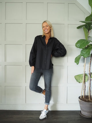 Jeovana Long Sleeve, Cotton Blouse with Collar &amp; Cut out Detail on Sleeve by Moss Copenhagen - Black and Khaki