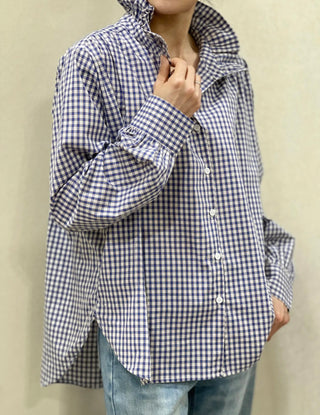 Bertie Checked Blouse with High Pleated Collar - Blue/Off White
