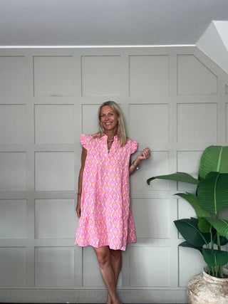 Exeter V-Neck, Cheesecloth Dress - Neon Orange, Pink