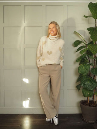 Jammi Gold Heart Polo Neck Jumper - Camel and Oatmeal