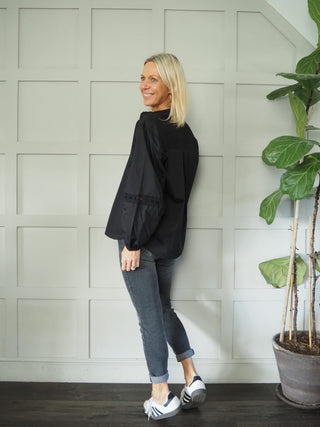 Jeovana Long Sleeve, Cotton Blouse with Collar &amp; Cut out Detail on Sleeve by Moss Copenhagen - Black and Khaki