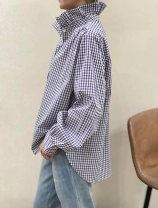 Bertie Checked Blouse with High Pleated Collar - Blue/Off White