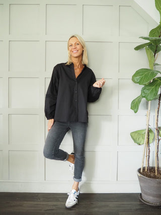 Jeovana Long Sleeve, Cotton Blouse with Collar &amp; Cut out Detail on Sleeve by Moss Copenhagen - Black and Khaki