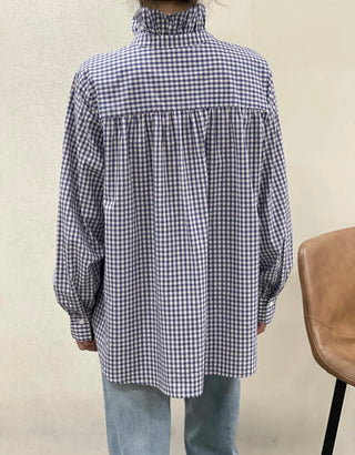 Bertie Checked Blouse with High Pleated Collar - Blue/Off White