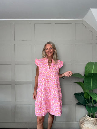 Exeter V-Neck, Cheesecloth Dress - Neon Orange, Pink