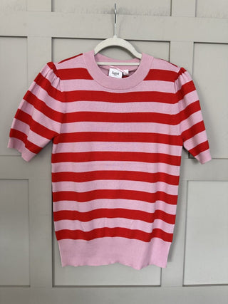 Baby Round Neck Stripe Jumper with Short Sleeves by Saint Tropez - Camel/Ecru, Pink/Red