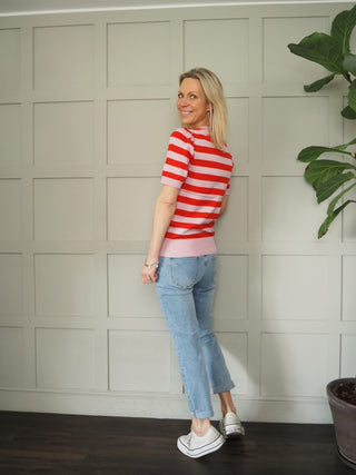 Baby Round Neck Stripe Jumper with Short Sleeves by Saint Tropez - Camel/Ecru, Pink/Red