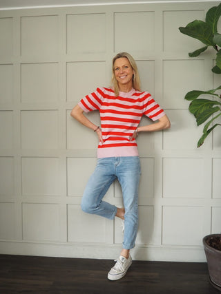 Baby Round Neck Stripe Jumper with Short Sleeves by Saint Tropez - Camel/Ecru, Pink/Red