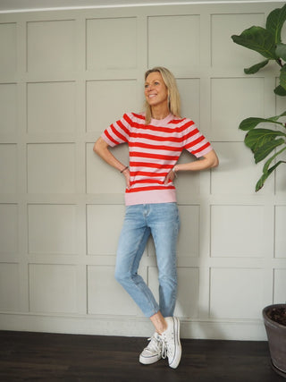 Baby Round Neck Stripe Jumper with Short Sleeves by Saint Tropez - Camel/Ecru, Pink/Red