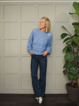 Charliza Chunky Knit Jumper by Saint Tropez - Light Blue and Mustard