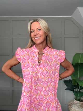 Exeter V-Neck, Cheesecloth Dress - Neon Orange, Pink