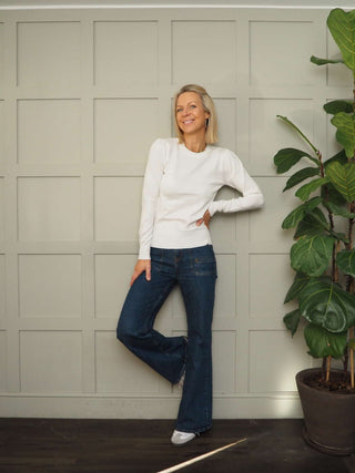 Oasis Round Neck Lightweight Jumper with Ribbing Detail by Saint Tropez - Baby Pink, Blue, Buttermilk and Ecru