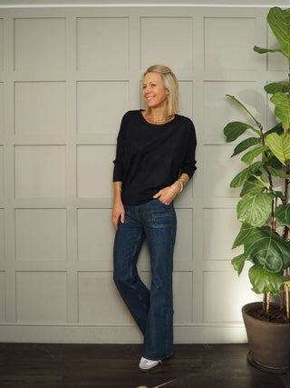 Mila Scoop Neck, Batwing Cropped Sleeve Jumper by Saint Tropez - Black, Blue, Buttermilk, Jojoba and Navy Blue