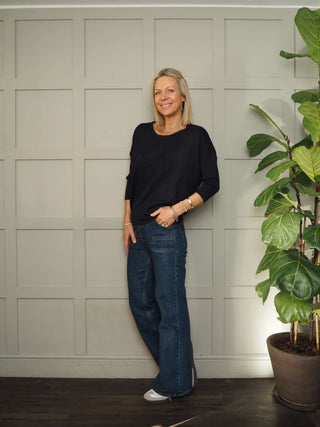 Mila Scoop Neck, Batwing Cropped Sleeve Jumper by Saint Tropez - Black, Blue, Buttermilk, Jojoba and Navy Blue