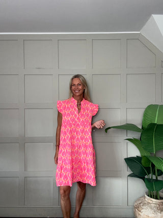 Exeter V-Neck, Cheesecloth Dress - Neon Orange, Pink