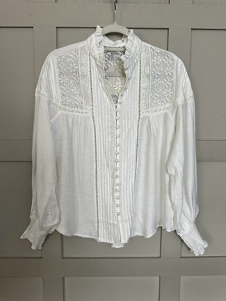 Manhattan Blouse with Lace Detail - Baby Blue, Off White