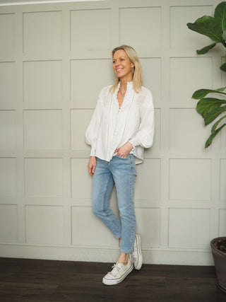 Manhattan Blouse with Lace Detail - Baby Blue, Off White