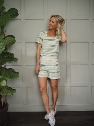 Diva Short Sleeve Blouse - Cream/Green, Cream/Pink Striped