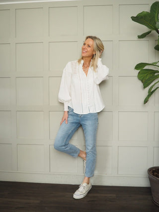 Manhattan Blouse with Lace Detail - Baby Blue, Off White