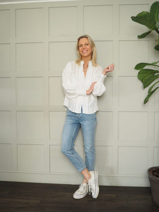 Manhattan Blouse with Lace Detail - Baby Blue, Off White