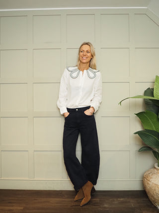 Flora Blouse with Petal Embroidered Collar - White/Navy