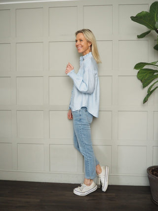 Manhattan Blouse with Lace Detail - Baby Blue, Off White